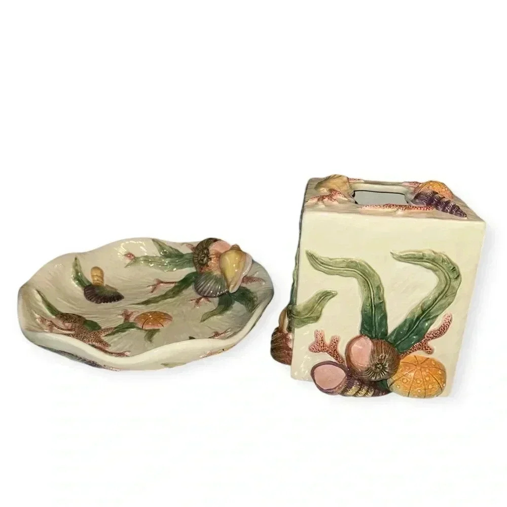 Vintage Coastal Ceramic Seaweed & Coral Design Set Seashell Dish & Tissue Holder